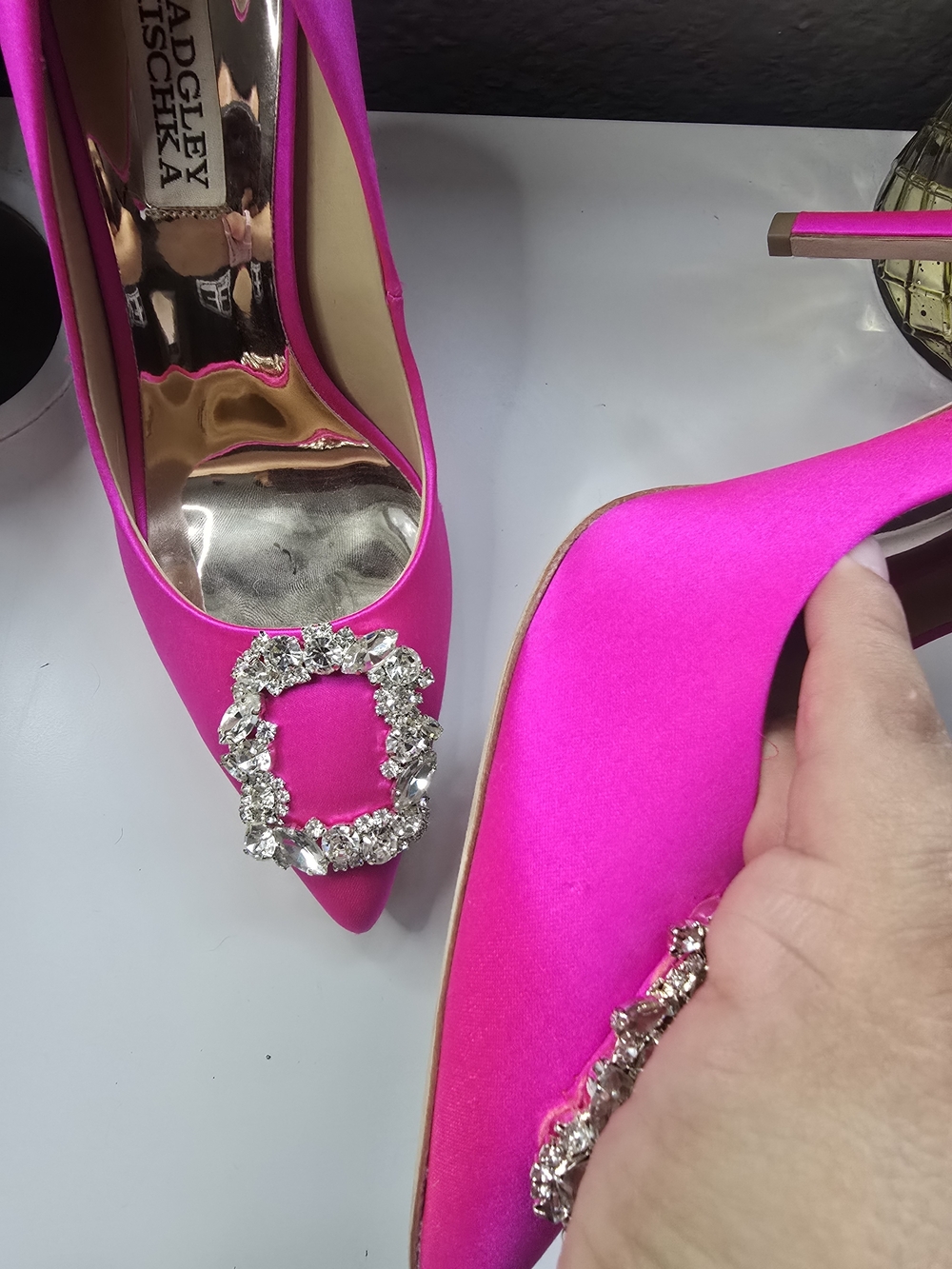 Badgley Mischka Women's Pink Satin Pointed-Toe Heels with Crystal Buckle - Picture 2 of 6